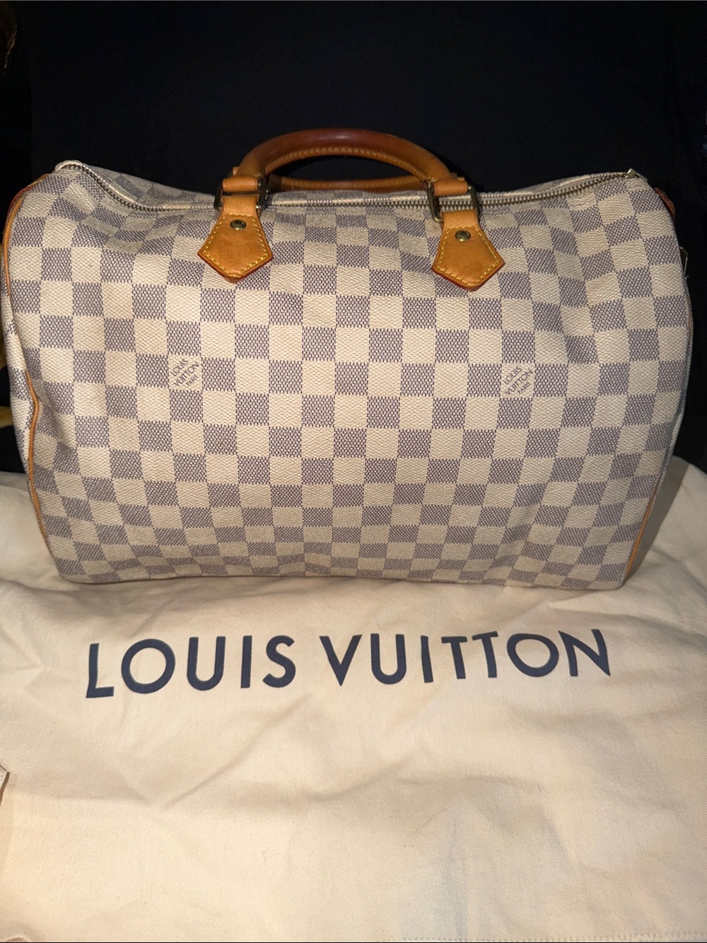 Louis Vuitton Damier Azur Speedy Handbag - Light Blue & White with Vachetta